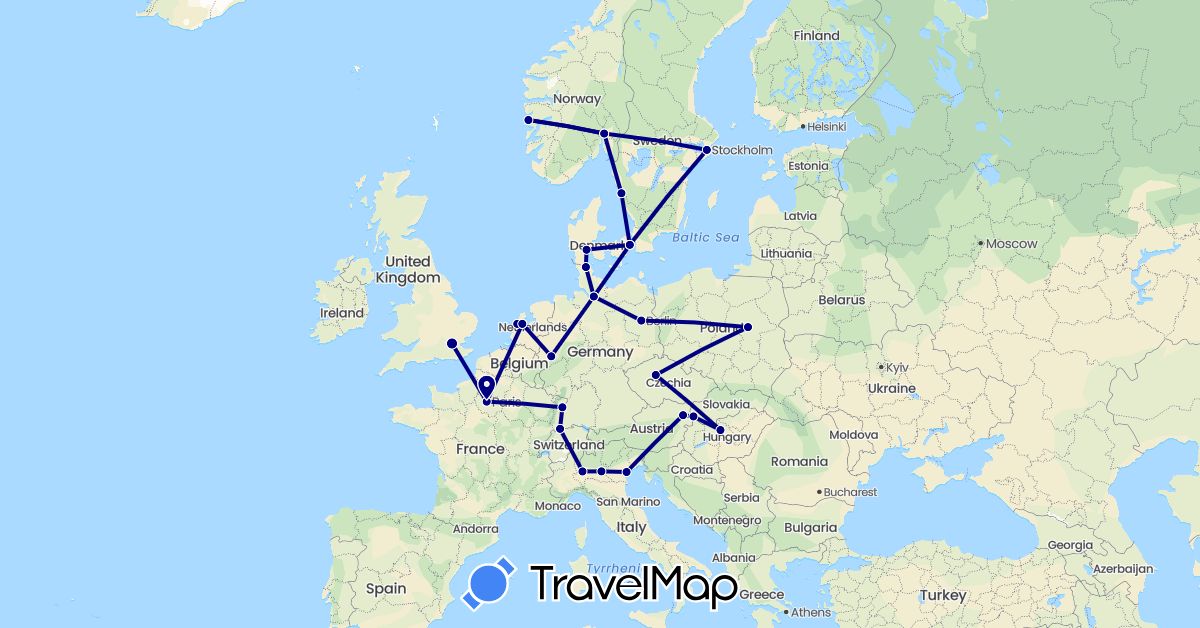 TravelMap itinerary: driving in Austria, Switzerland, Czech Republic, Germany, Denmark, France, United Kingdom, Hungary, Italy, Netherlands, Norway, Poland, Sweden, Slovakia (Europe)